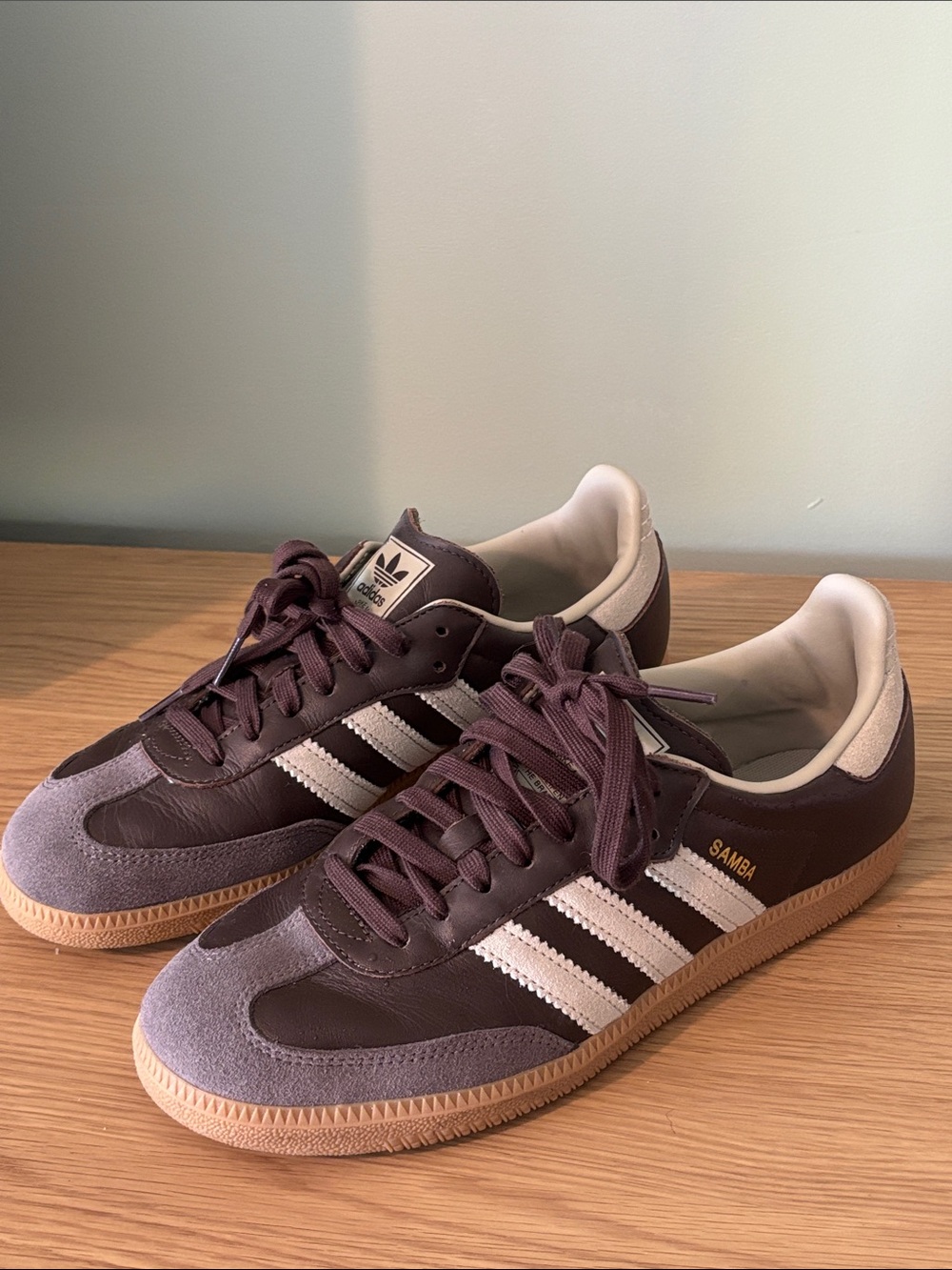 adidas Samba sneakers in brown/putty grey/gold (size 8)